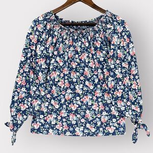 Chaps Blouse Top Women PM Blue Floral Off the Shoulder Raglan Long Sleeve‎ E93
